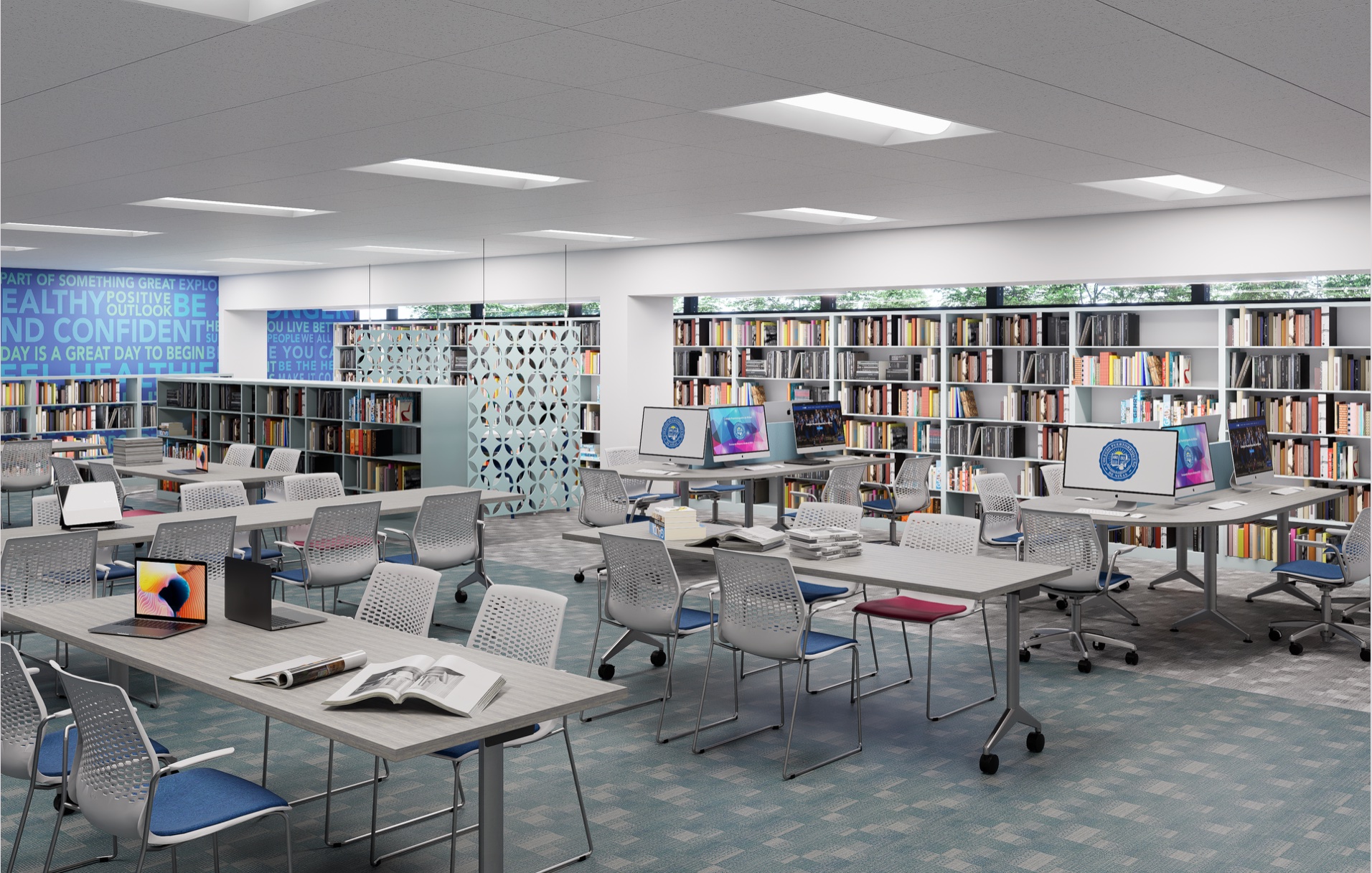Renovated library — computer stations and bookshelves